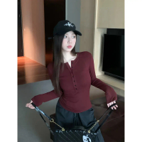 Spicy Girl Wine Red V-Neck Long Sleeve Base Shirt Women Spring Autumn New Slim Fit Tight Shoulder T-
