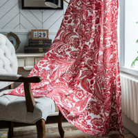 窗簾成品紅色巴洛克風格小窗廚房簾棉麻印花客廳半遮光飄窗
