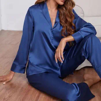 Two-piece Pajama Set Women's Spring Summer Pajama Set with Silky V Neck Wide Leg Pants 2 Piece Solid Color Sleepwear for Comfort