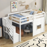 Twin Loft Bed,Unique Kids Loft Bed with Storage Staircase,Window,Full-Length Guardrails &amp; Sturdy Wood Frame,Kids Twin Loft bed