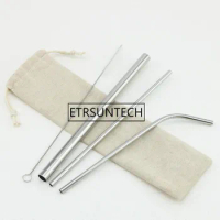 200sets Eco Friendly Reusable Straw 304 Stainless Steel Straw Metal Smoothies Drinking Straws Set with Brush &amp; Bag