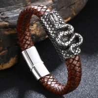 Zlxgirl Statement Brown Leather Snake Silver Punk Bracelet for Man Woman Couple Gifts Fashion Man's Bangle &amp; Bracelet free ship