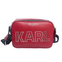【KARL LAGERFELD 卡爾】點點品牌字母大LOGO字母背帶防刮皮革相機斜背包(紅色)