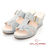【CUMAR】復古厚底坡跟鞋魚骨T字涼拖鞋(淺灰色)