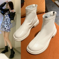 短靴女2021春秋薄款單靴新款英倫風馬丁靴米白色切爾西靴短筒裸靴