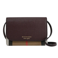 【BURBERRY 巴寶莉】英系經典棉麻格紋拼接手機多卡零錢晚宴包斜背包(酒紅)