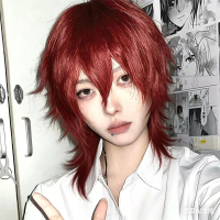 Wig ekor serigala, kepala model mullet, gaya pelajar, kepala samurai merah Tiongkok, cosplay, unisex