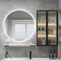 【可開發票】智能浴室鏡柜掛墻式帶燈防霧置物架單獨衛生間圓形鏡子收納一體柜