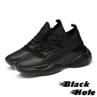 【Black Hole】厚底老爹鞋/潮流網面拼接風格率性內增高厚底老爹運動鞋(黑)