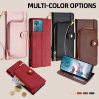 Metal buckle Retro Flip Cover For Motorola Edge 40 30 20 S X40 X30 Pro Ultra Neo Fusion Lite Plus Zipper Wallet Phone Case Strap