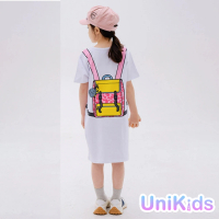 【UniKids】中大童裝短袖T恤裙 童趣後背包印花設計洋裝 女大童裝 VWHT269(T恤裙)
