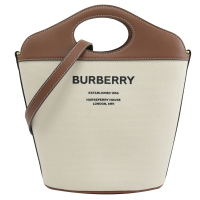 【BURBERRY 巴寶莉】Pocket 專櫃秀包經典LOGO帆布手提兩用包水桶包(咖邊)