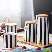Nordic Black and White Stripes Ceramic Spice Jar Combination Set, Salt, Oil, Soy Sauce Bottle, Vinegar Pot, Kitchen Supplies
