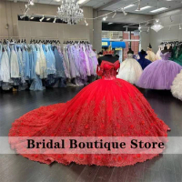 Mexican Red Princess Quinceanera Dress Flowers Appliques Beading Crystals Sweet 16 Dress Court Train Vestidos Ball Gown