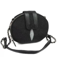 Authentic Real True Stingray Skin Women Small Chain Circular Purse Genuine Exotic Leather Lady Clutch Female Single Shoulder Bag