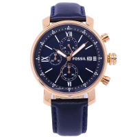 【FOSSIL】FOSSIL 美國最受歡迎頂尖運動時尚三眼計時皮革腕錶-藍-BQ1704