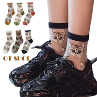 OT SHOP [現貨] 襪子 透膚絲襪 玻璃襪 中筒襪 貓咪圖案 潮流個性 日韓系 黃/草綠/磚紅/白/米/黑 M1068