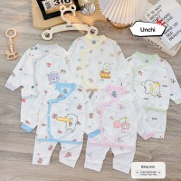 Bộ quần áo dài tay petit UNCHI PHỐI VIỀN mềm mại mịn màng co giãn cho bé sơ sinh 0-9m [DÀI MỚI]