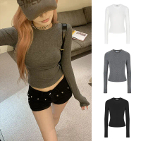 Spicy Girl Waist-Cinching Off-Shoulder Short T-Shirt Long Sleeve Women's Round Neck Slim Fit Top Off
