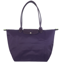 Longchamp LE PLIAGE 紫色再生尼龍皮邊刺繡折疊長把水餃包(大)