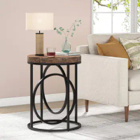 Modern Round End Table with Thick Wood Top,20”Sofa Side Table Cocktail Table with Unique Black O-Shaped Base for Living Room