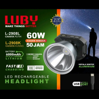 Senter kepala luby premiun L-2908 LED CHIP LASER 60watt baterai 6000mAh tahan 50 jam 3 mode cahaya+i