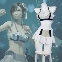Hot Game Final Cosplay Fantasy VII Rebirth Tifa Lockhart Costume White Halterneck Swimsuit