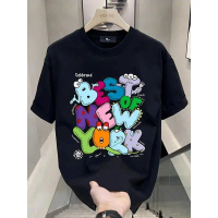 Kaos kepribadian merek trendi katun tebal, tampan, trendi, motif cetak pria musim panas, leher bulat