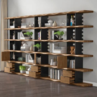 American solid wood bookcase wrought iron desk cabinet whole wall bookcase living room simple with drawer office shelf floor.