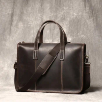 Vintage Genuine Leather Handbag for Men's Business Briefcase Crazy Horse Cowhide Single Shoulder Crossbody Bags 13 inch Laptop