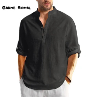 New Men's Long Sleeve Blouse Cotton Linen Shirt Loose Tops Button Tee Shirt Spring Autumn Casual Men's Solid Color Shirts 5XL