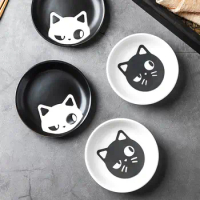 Ceramic Seasoning Vegetable Cartoon Cat Household Soy Sauce Vinegar Vegetable Circular Snack Plate Bowl White Black