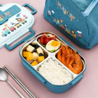 Childrens 316 stainless steel dividing plate cartoon lunch box set with soup bowl Leakproof bento box for kids With Bags Spoons