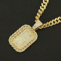 2022 New Hip Hop Popular Bling Gold Color Iced Out Square Dog Tag Pendant Necklace Cuban Chain Link For Women Men's Jewelry Gift