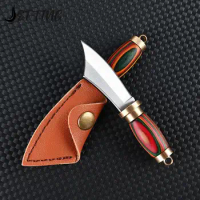 MINI Brass Wood Knife Portable Unboxing Straight Knife With Leather Case CS GO Hanging Outdoor Camping EDC Knife
