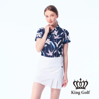 【KING GOLF】速達-網路獨賣款-女款滿版鳥語花朵印花燙鑽涼感短袖POLO衫/高爾夫球衫(深藍)