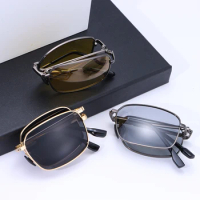 Folding Sunglasses for Men Night Vision Photochromic Sunglasses Polarized Driving Glasses Portable Square Metal Frame Eyewear