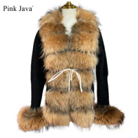 pink java QC21144 women winter real fox fur coat sweater coats with natural fur trim fashion raccoon fur collar