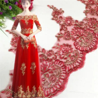 Delicate 1Yard Gold Cord Outline Red Burgundy Flower Venise Venice Lace Trim Applique Sewing Craft for Wedding Dec. LR0051 22cm