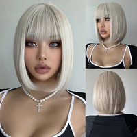 Short Lolita Bob Synthetic Wigs White Blonde Straight Cosplay Wig with Bangs for Women Halloween Party Use Heat Reasistant Hair