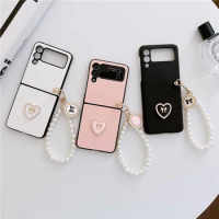Cute Heart Pearl Ornament Leather Phone Case For Samsung Galaxy Z Flip 5 Case for Galaxy Z Flip 4 Cover Z Flip 3 4 Capa Z Flip3