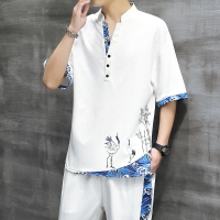 夏季冰絲短袖t恤2022夏裝新款休閑中國風套裝唐裝寬松一套漢服男