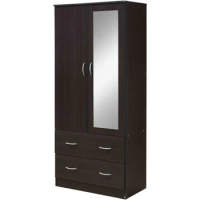 HODEDAH 2 Door Wood Wardrobe Bedroom Closet with Clothing Rod inside Cabinet, 2 Drawers for Storage and Mirror, Chocolate