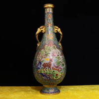 22" Chinese Bronze Cloisonne 24K Gold Deer Red-Crowned Crane Elephant Vase Pot