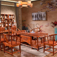 茶桌 小桌 茶幾 邊幾 中式實木茶桌椅組合 榆木功夫茶桌泡茶辦公室1.7米仿古辦公桌