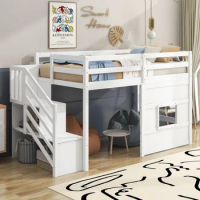 Twin Size Loft Bed,Kids Loft bed with Storage Staircase,Window,Full-Length Guardrails &amp;Sturdy Wood Frame,Playful Design Loft Bed