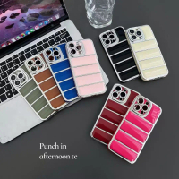 Electroplated Silver Edge Down Jacket Case for iPhone 16 Fashion Phone Case iP15 Color Block Down Ja