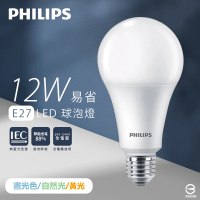 【Philips 飛利浦】12入組 LED燈泡 12W 白光 黃光 自然光 全電壓 E27 易省 球泡燈