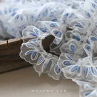 1M White Mesh Blue Oval Embroidery Fold Lace Trims Fabric for Sewing Clothes DIY Curtain Sofa Decoration Accessories Wide 4cm
