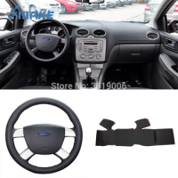 For Ford Kuga 08-11 Focus 05-11 High Quality Hand-stitched Anti-Slip Black Leather Red Thread DIY Steering Wheel Cover